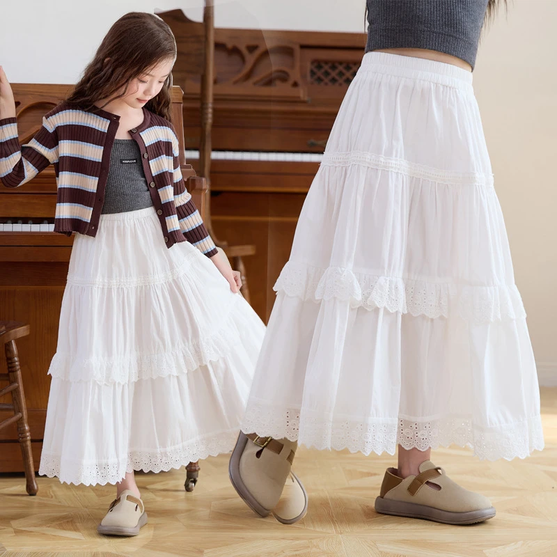 儿童半身裙春秋白色长裙棉布女童长款高腰蛋糕裙日系花边半裙夏季