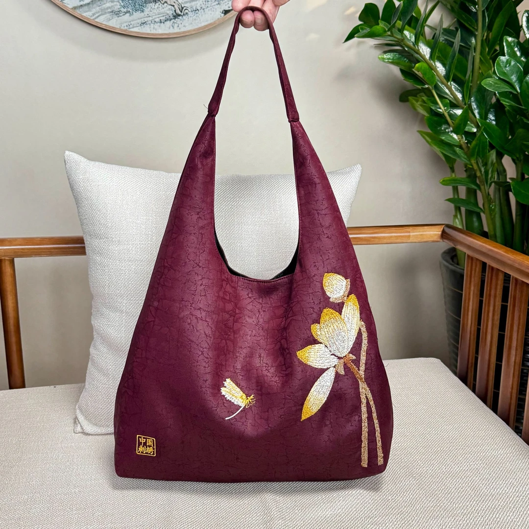 【蜻蜓荷花】香云龟裂纹老料38*24cm高级女复古国风新中式挎包