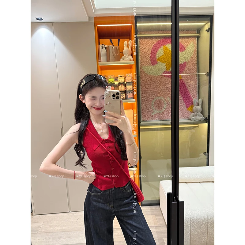 复古红色polo领无袖针织T恤女夏季修身收腰辣妹弹力显瘦百搭上衣