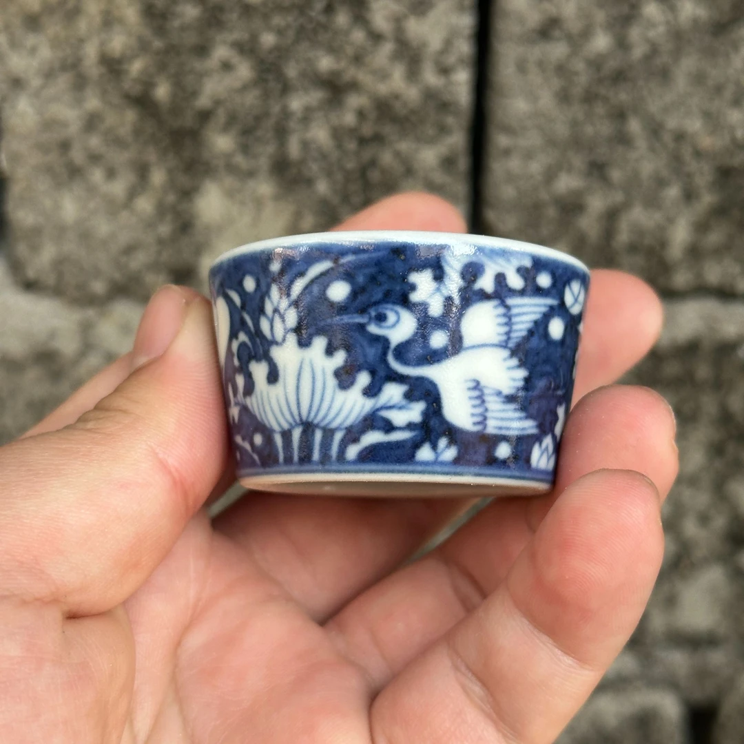 景德镇手工蓝地一鹭连科岩茶小杯