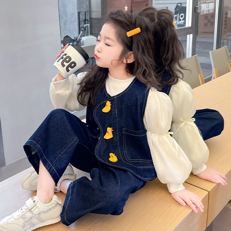 女童牛仔套装春秋季2025新款韩系卡通宝宝洋气时髦儿童装春装衣服