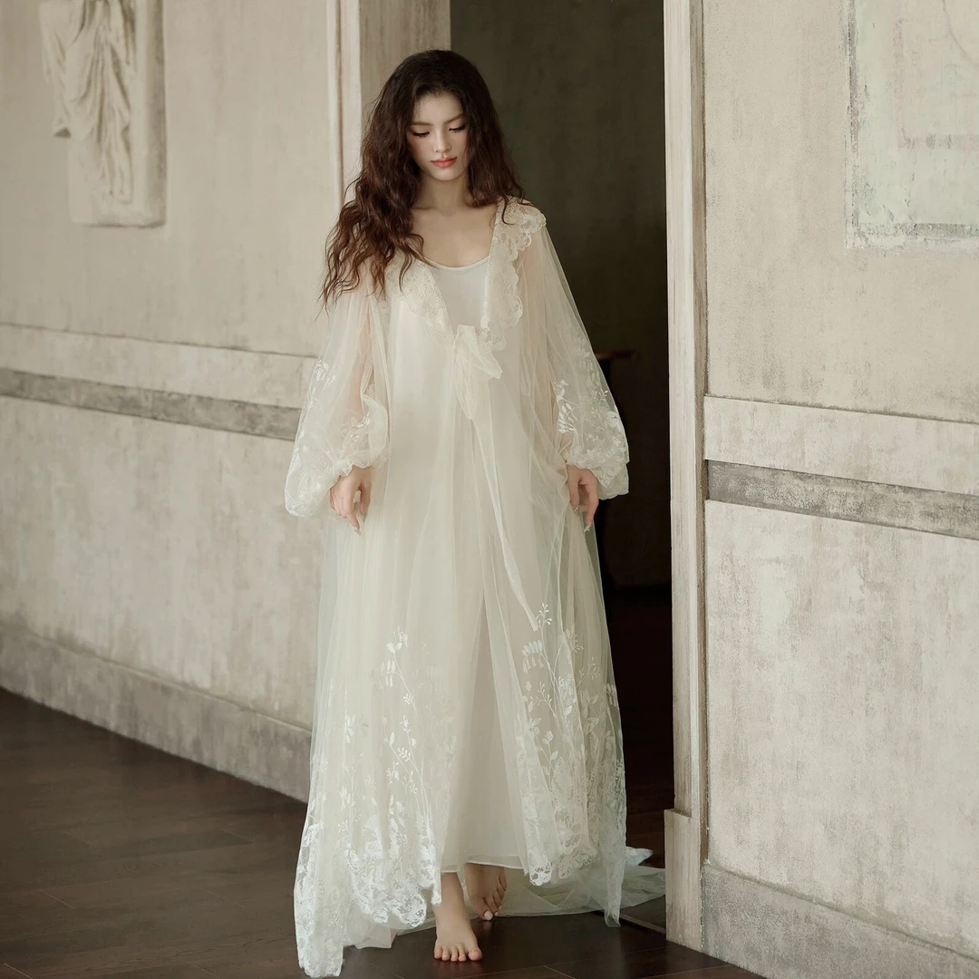 巴韦那奇法式浪漫大码晨袍女新娘米黄套装拖尾仙气小众轻礼服睡袍