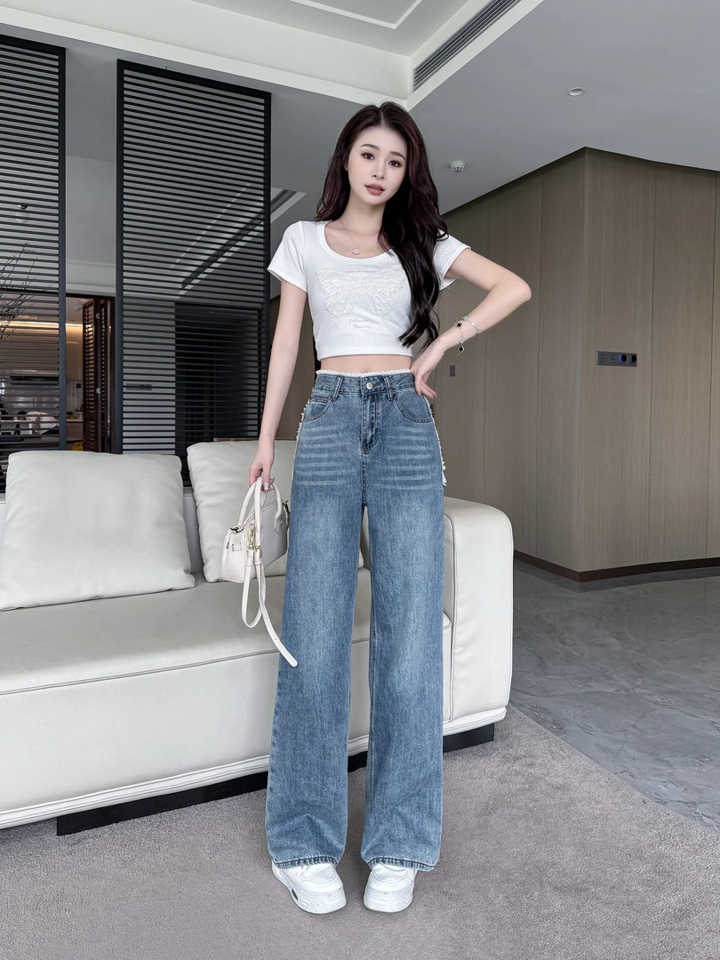 蕾丝边牛仔女裤2025夏季款女裤宽松直筒微喇修身显高牛仔裤