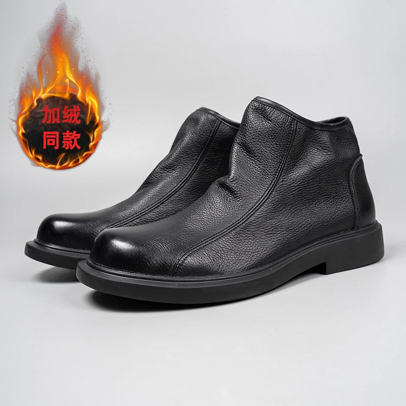 头层牛皮休闲靴子侧拉链舒适马丁靴百搭高帮保暖秋冬切尔西靴