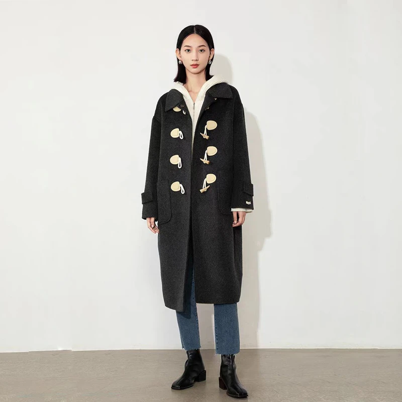 【安静专属】牛角扣双面毛呢大衣女中长款宽松毛呢外套2313