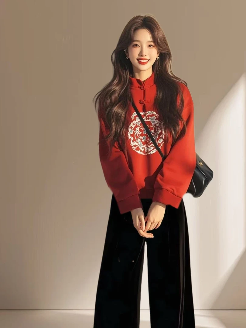 新中式女装国风本命年显瘦正肩设计感红色卫衣女黑色休闲裤两件套