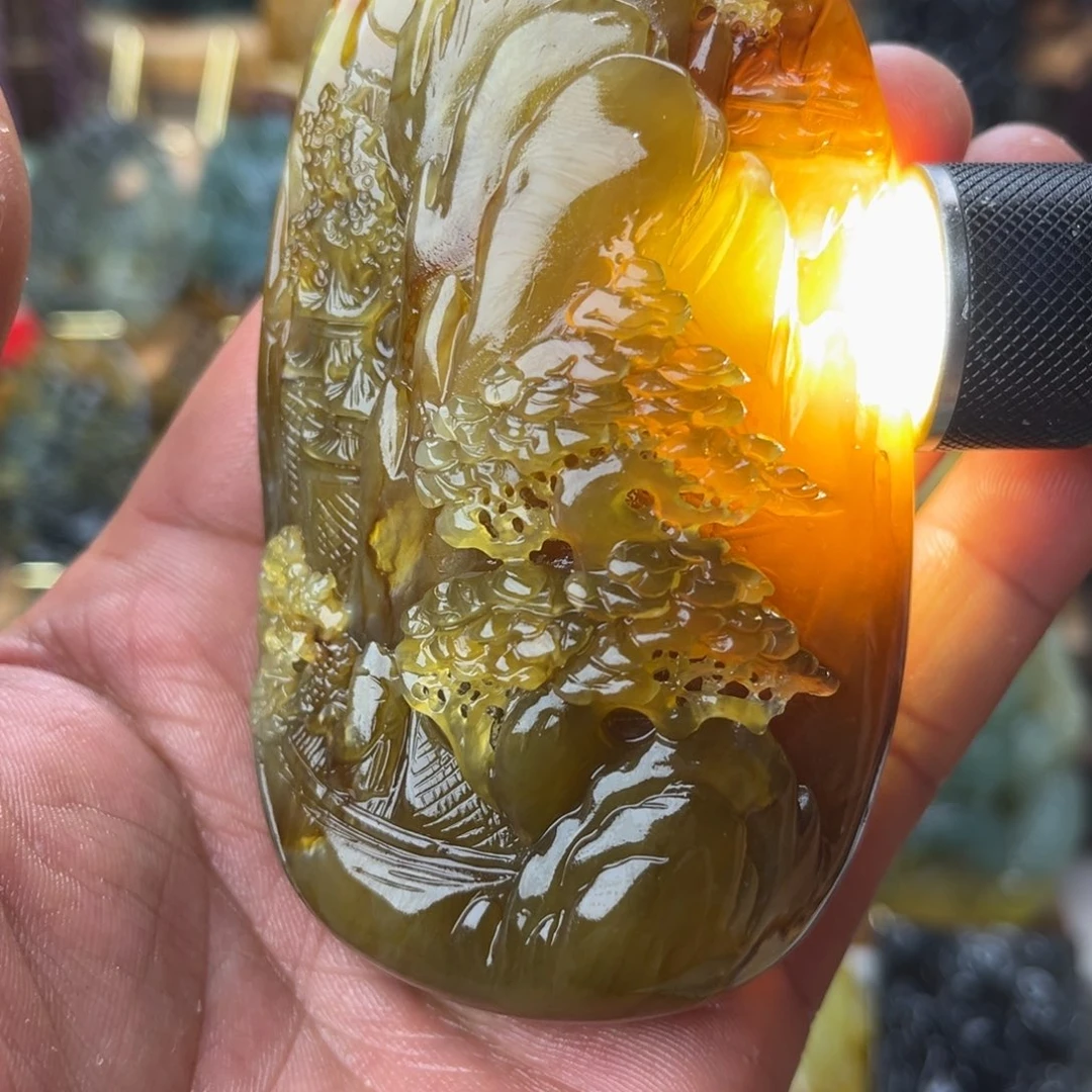 蛇纹石玉未镶嵌珠宝奇石山水手把件