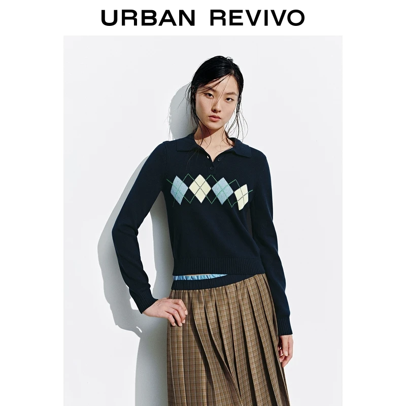 UR2025秋季新款女装休闲学院风菱格纹短款针织衫UYY950145