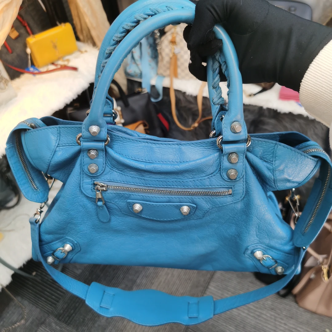 95新 Balenciaga/巴黎世家 巴黎世家蓝色小号机车单肩包