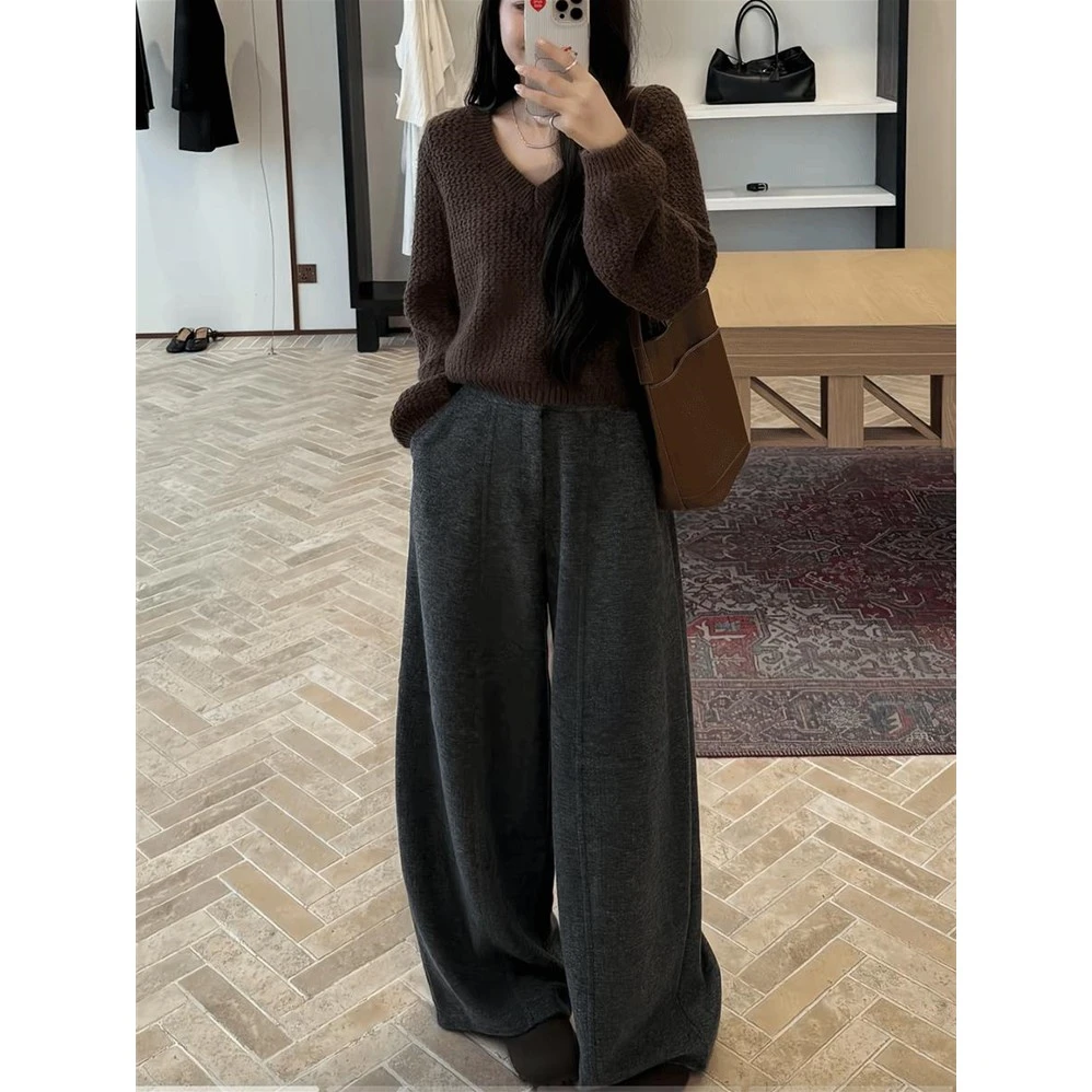 大码深灰色毛呢加厚高腰显瘦直筒阔腿休闲裤女冬季款梨型宽松裤子