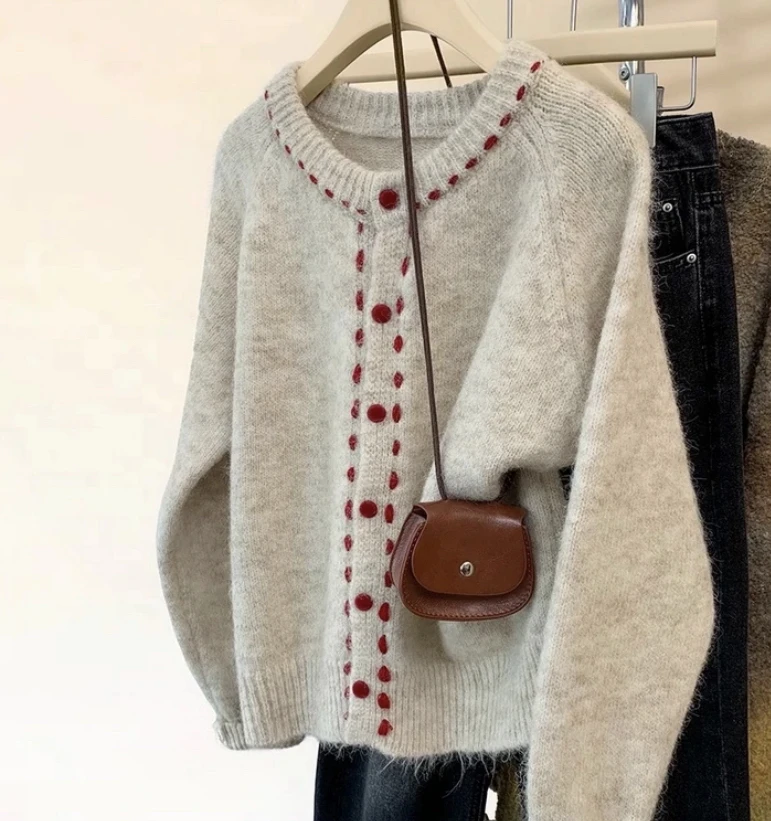 圆领薄款拼接毛针织衫复古套头针织衫慵懒风气质宽松网红时尚