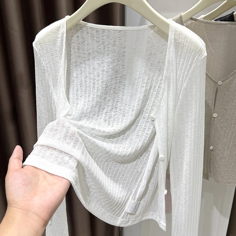 白色冰丝花纱针织防晒开衫女夏季吊带裙外搭披肩薄纱空调房小罩衫