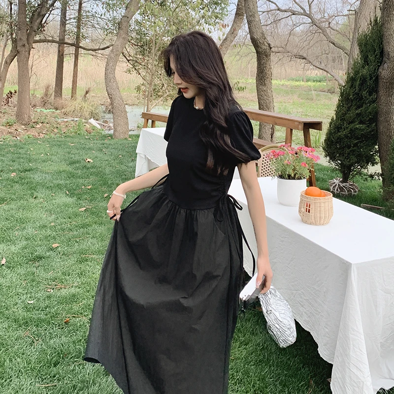 黑色超长及踝拼接连衣裙女长裙2024夏季新款修身显瘦高级感a字裙