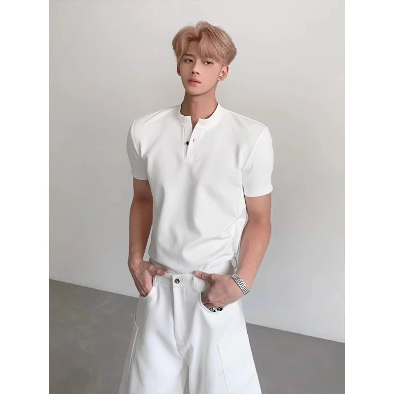 美式亨利领短袖polo衫男款美式短宽版型t恤高级感收袖口正肩半袖