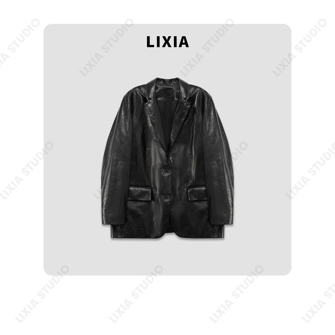 LIXIA【旧梦】意式气质设计款赫本纯羊皮翻领皮衣-A7559
