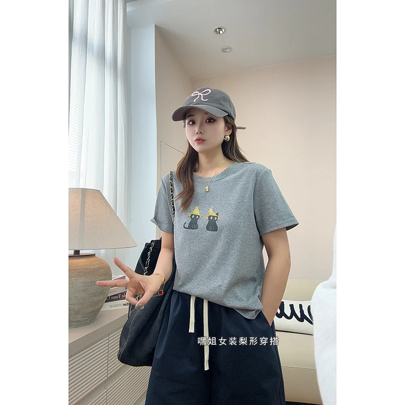 【带帽小猫T】韩系百搭圆领印花刺绣T恤女宽松显瘦减龄短袖上衣夏薄
