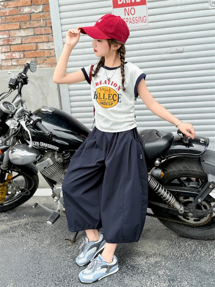 薄款休闲风常规女套头夏季套装童装外穿上衣中大童阔腿夏装女孩