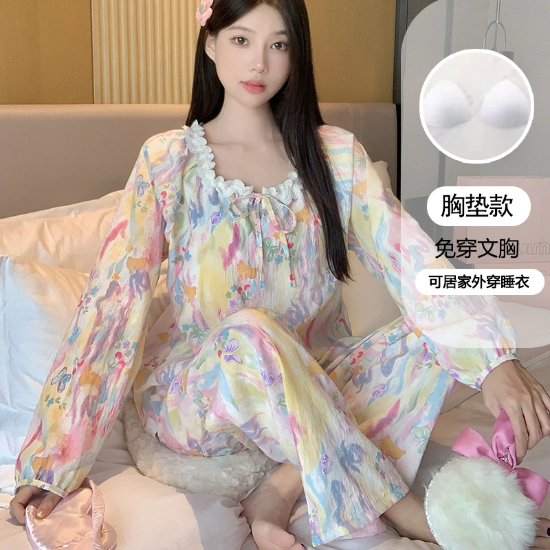 带胸垫睡衣女春秋长袖花边套装甜美蝴蝶结女士可外穿家居服4129