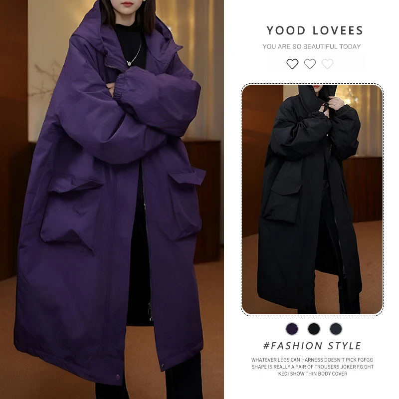 韩版复古长款连帽棉衣棉服女外套加厚保暖时尚宽松减龄高级感穿搭