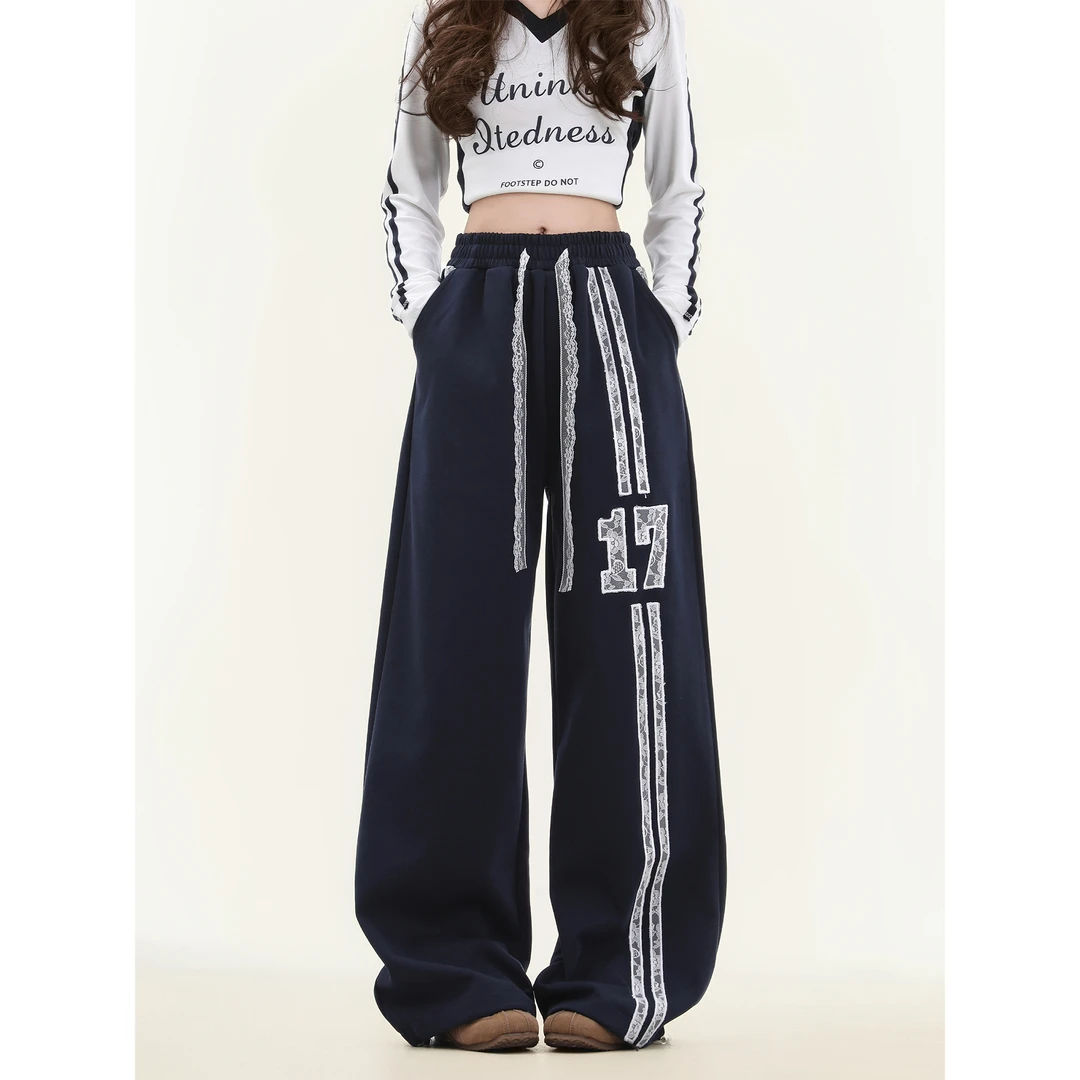 cuwu美式复古蕾丝拼接运动卫裤女春季垂感宽松百搭阔腿直筒休闲裤