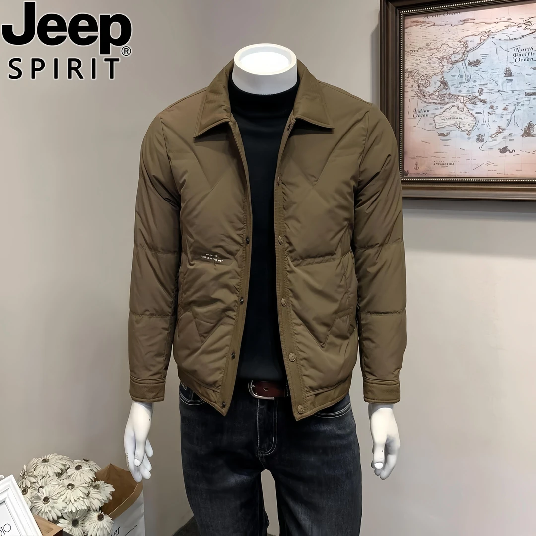Jeep吉普轻薄羽绒服男宽松大码冬季新款户外防风保暖衬衫领外套潮