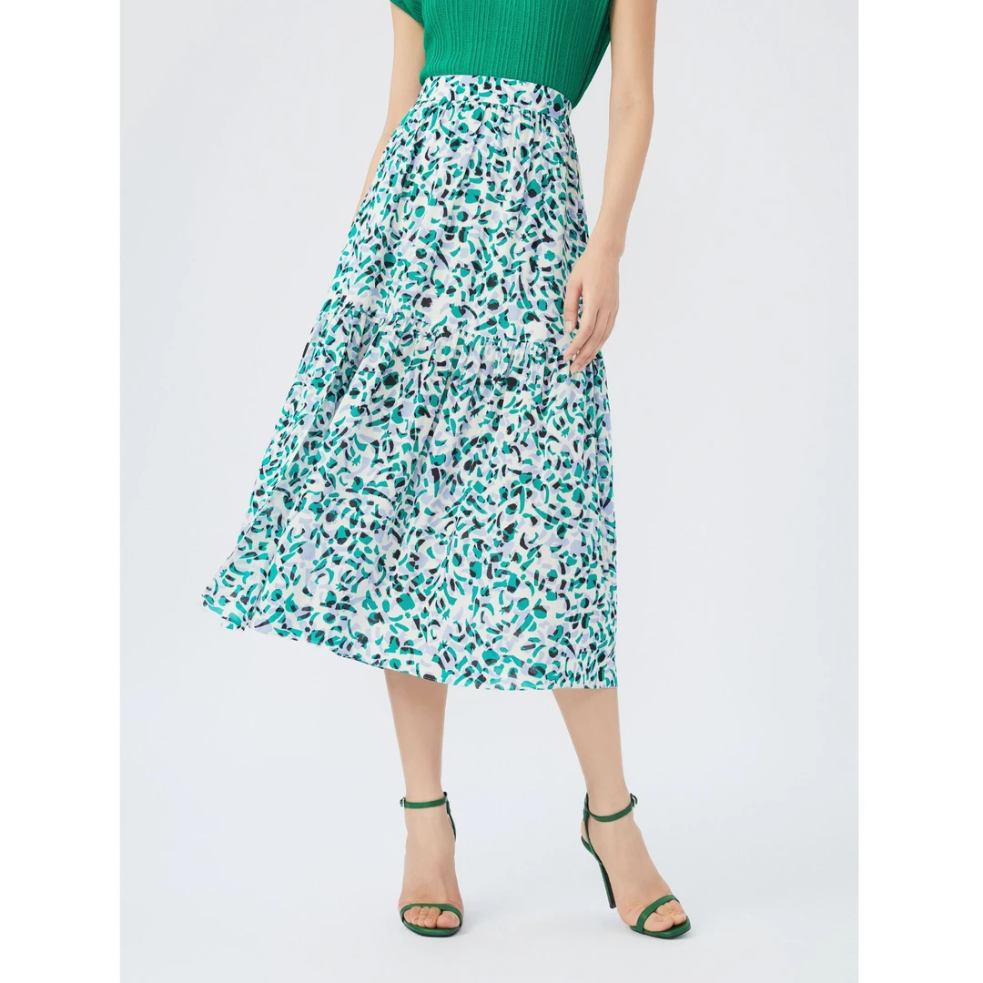 朗姿新款碎花半裙显瘦高腰气质时尚绿色优雅印花