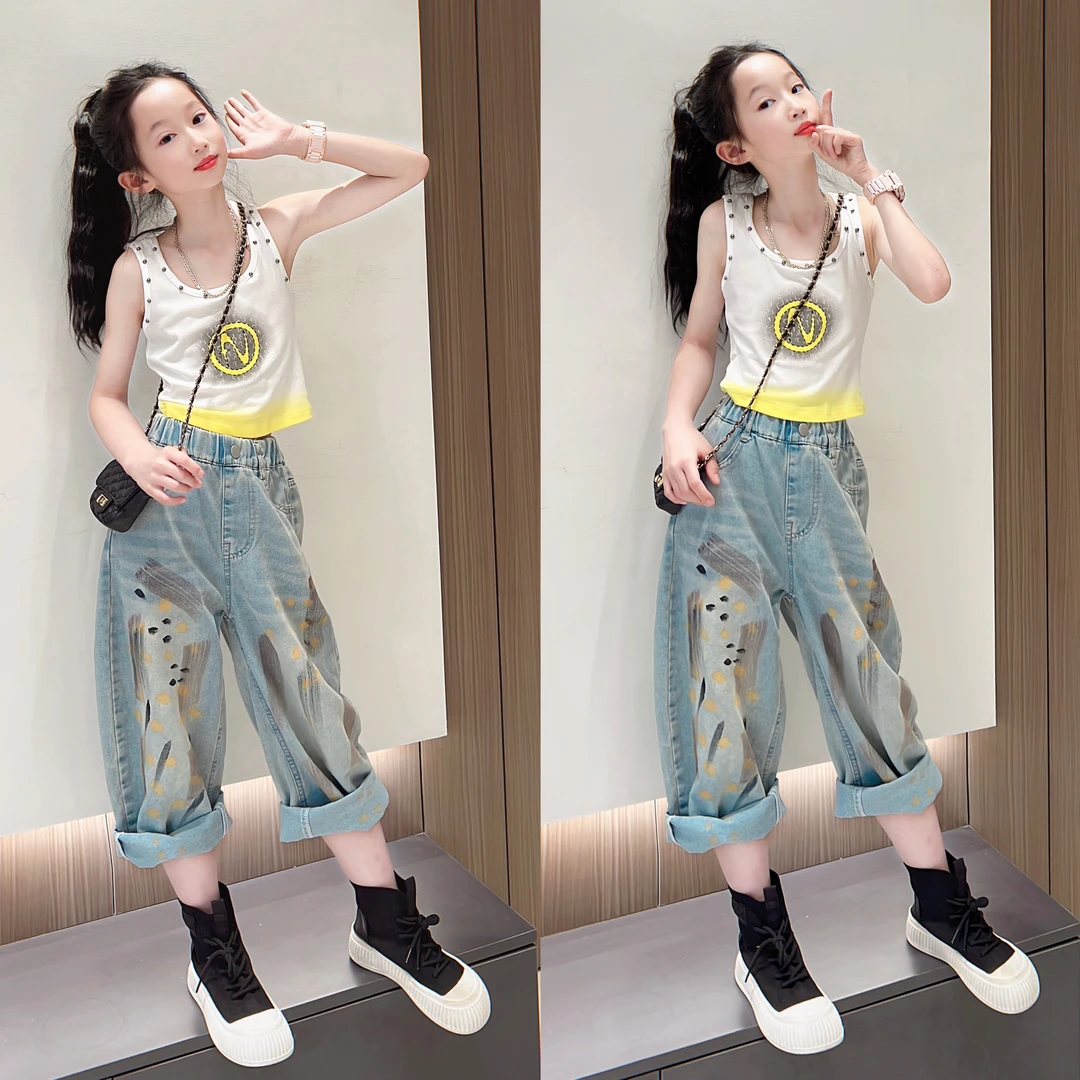 女童背心套装2025夏季薄款中大童铆钉潮酷背心T恤喷绘牛仔裤