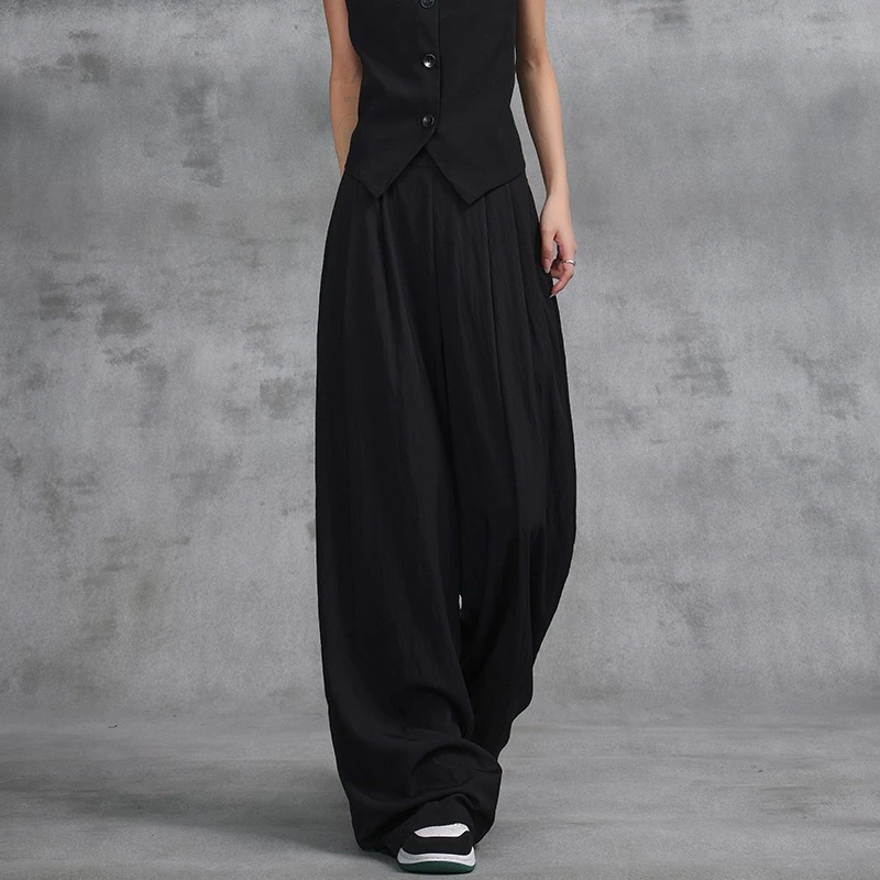 KEN STUDIO夏季新款薄款百搭褶皱纹理直筒休闲裤女宽松垂感阔腿裤