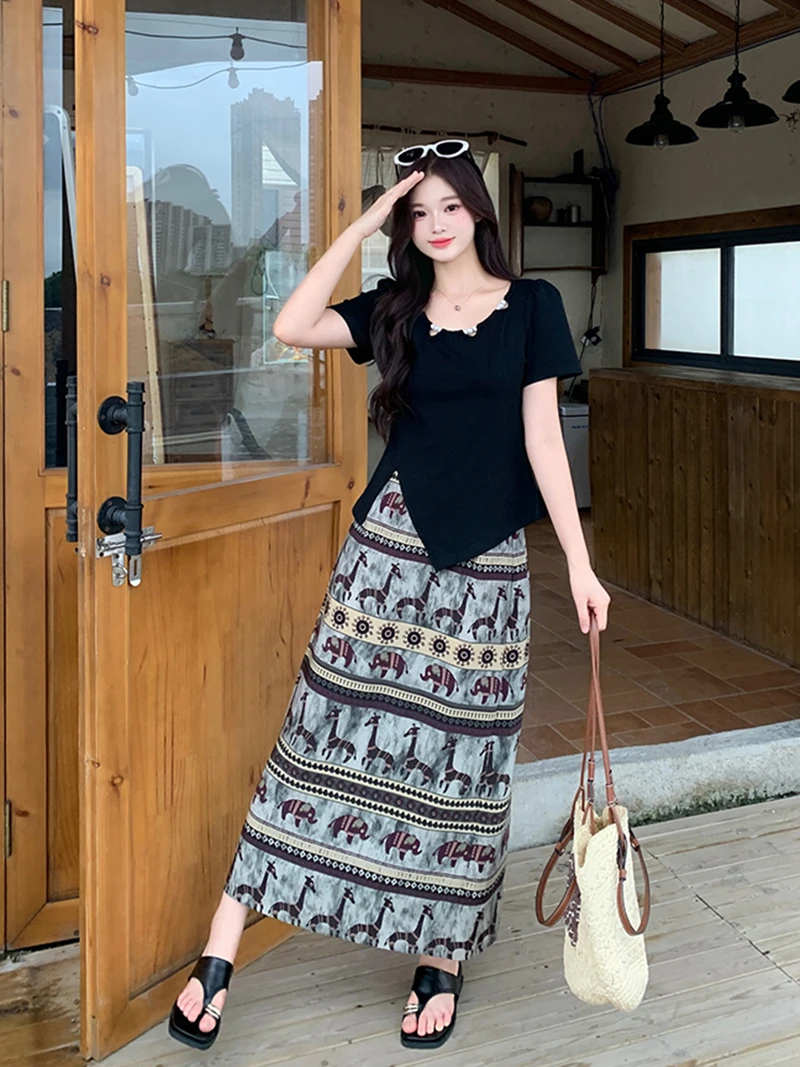 2025夏新胖mm大码女短袖T恤+半身裙套装 A1923短袖+22115半身裙