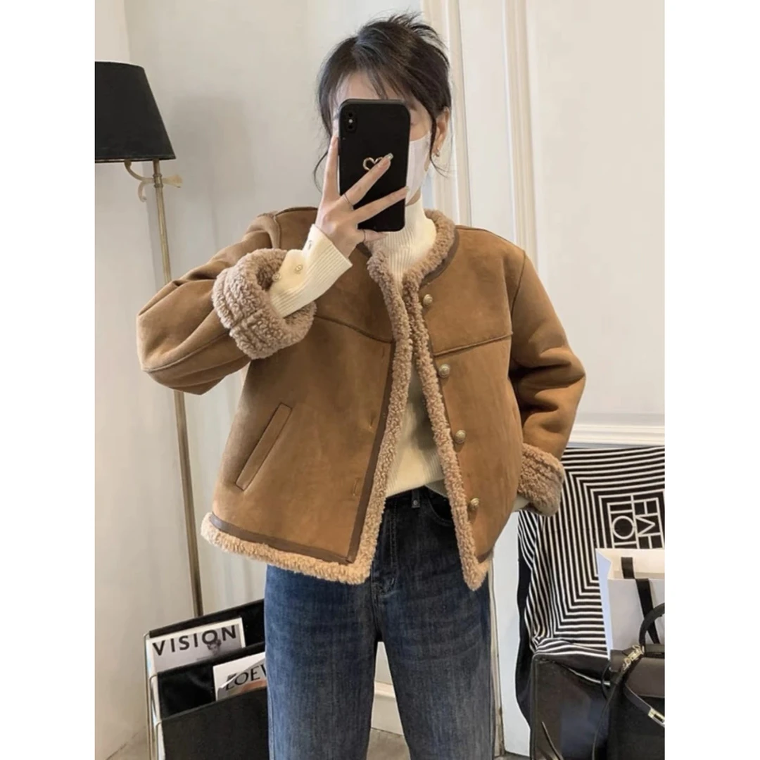 秋冬季新款时尚宽松加厚加绒洋气设计感高档皮毛一体小香风外套