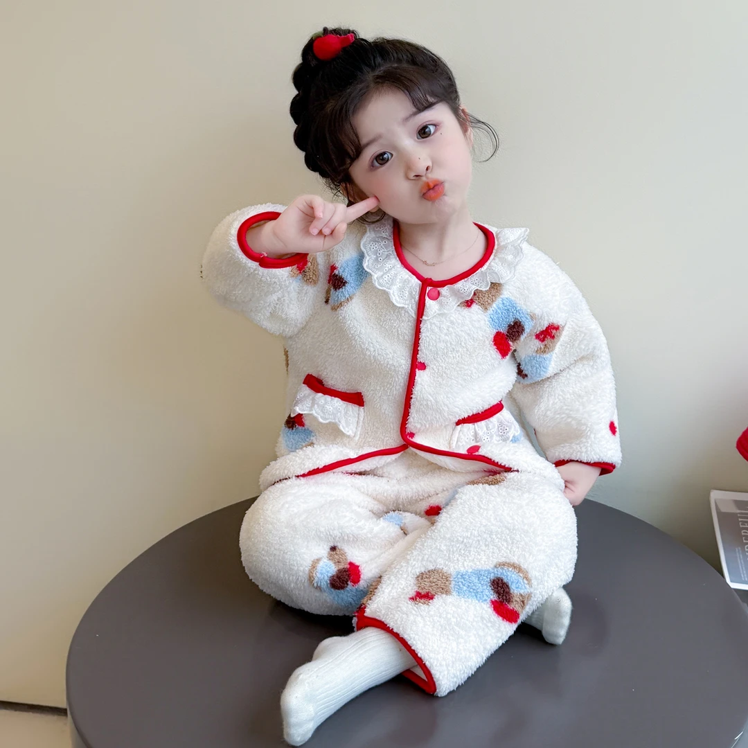 儿童睡衣秋冬季法兰绒女童睡衣摇粒绒加厚女宝家居服碎花开衫套装