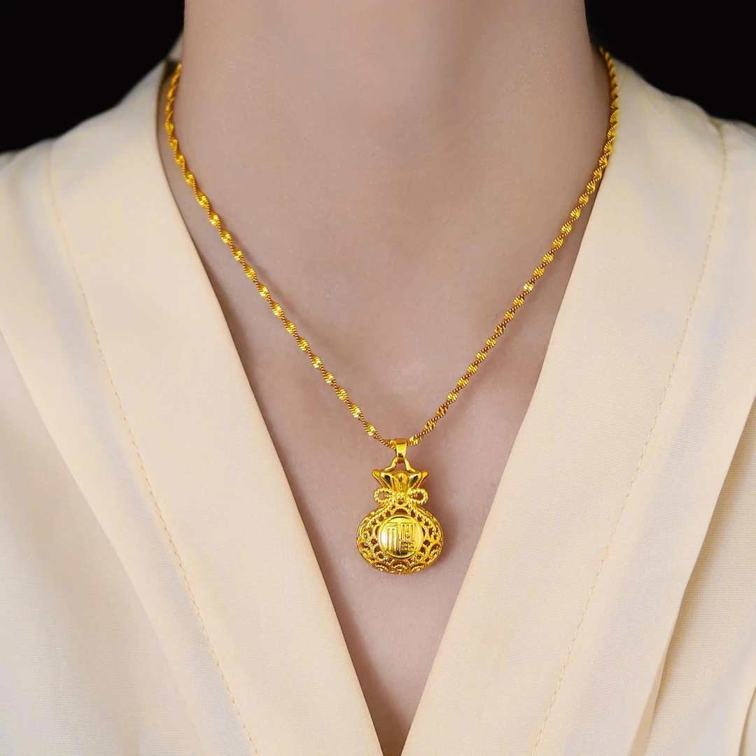 钛钢项链 镀 k 金 复古镂空花丝福袋毛衣链X-100