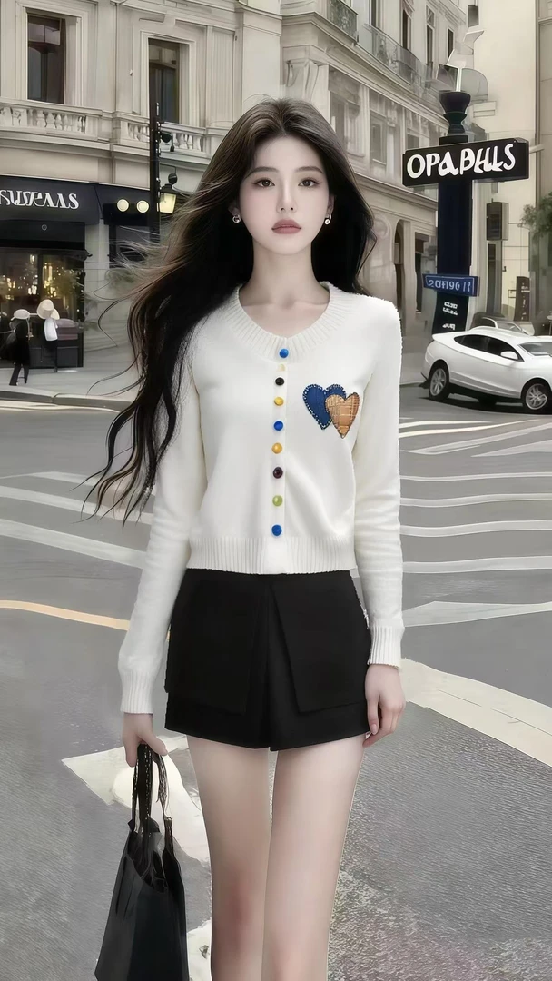 秋季慵懒松弛感穿搭氛围感白色圆领长袖针织上衣+黑色百搭短裤女