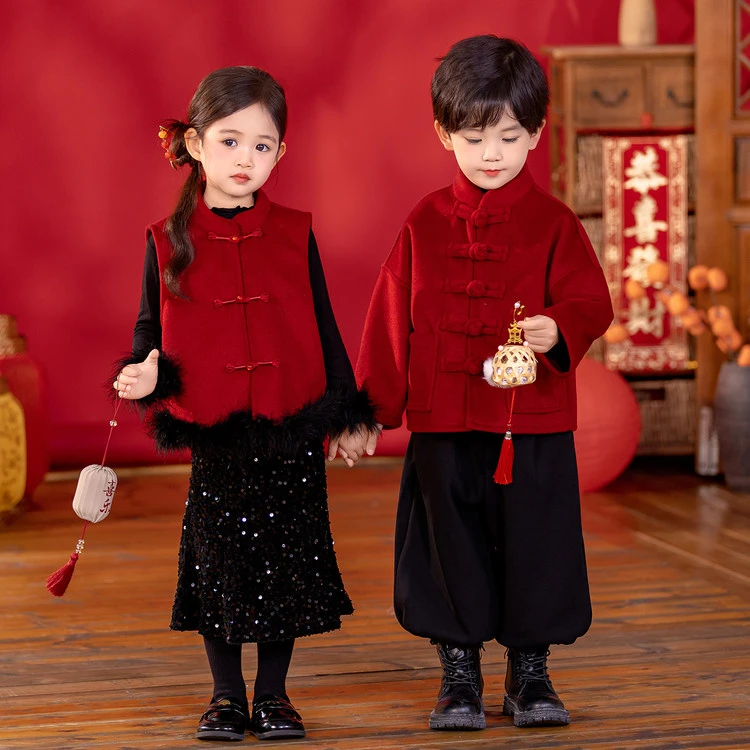 1-3-6岁男女童新中式拜年服2025冬季宝宝红色汉服国风传统套装
