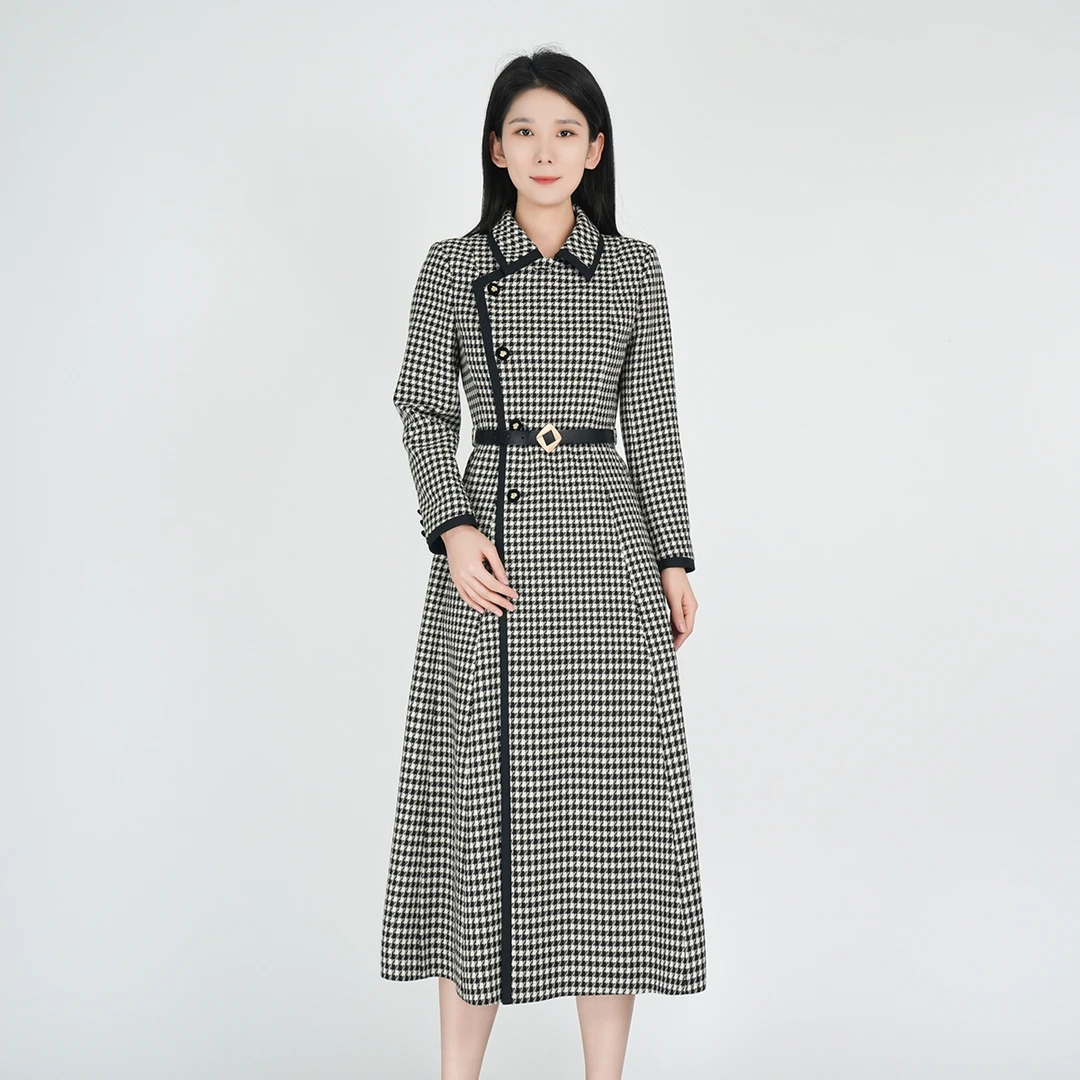 国风千鸟格秋季连衣裙翻领气质收腰显瘦中长款千寻战袍HCSS050713