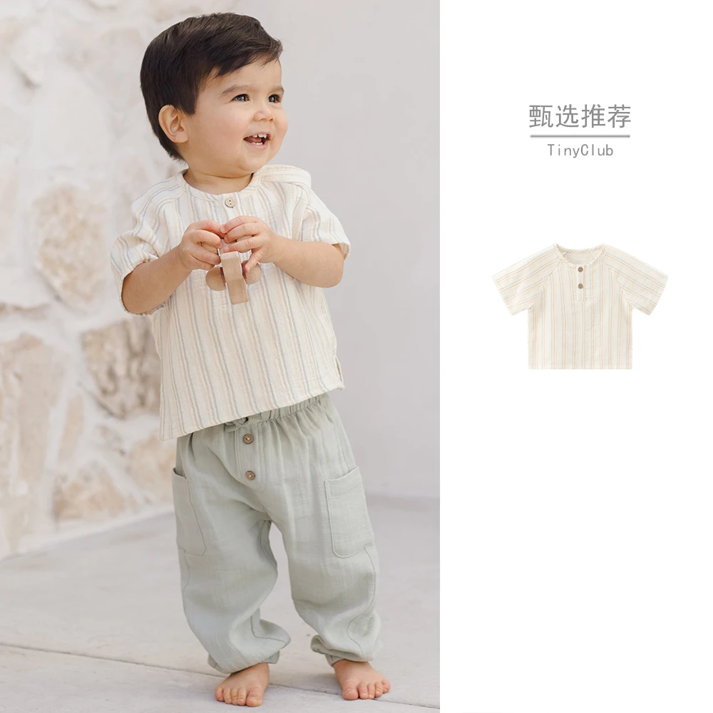 宝宝短袖夏季薄款圆领小衬衫北欧风洋气休闲条纹幼儿纯棉半袖上衣