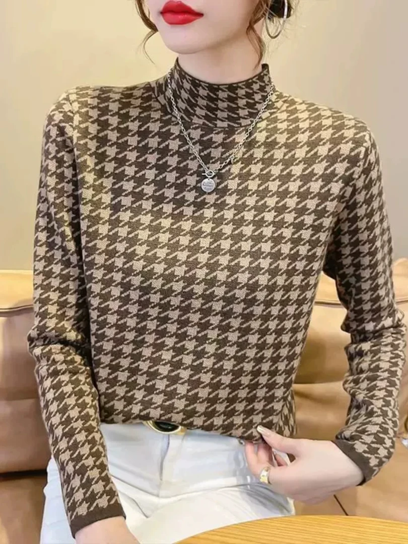 女针织薄款长袖开衫款千鸟格毛衣上衣修身内搭保暖百搭半高领