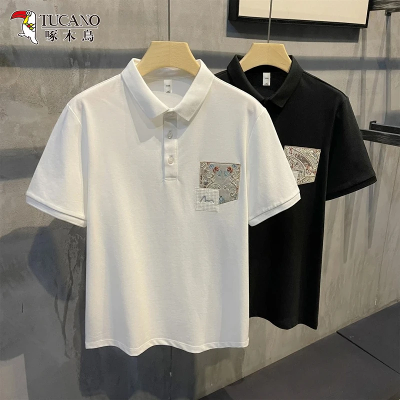 啄木鸟2025夏季新款韩版简约贴布刺绣T恤男款修身百搭短袖polo衫