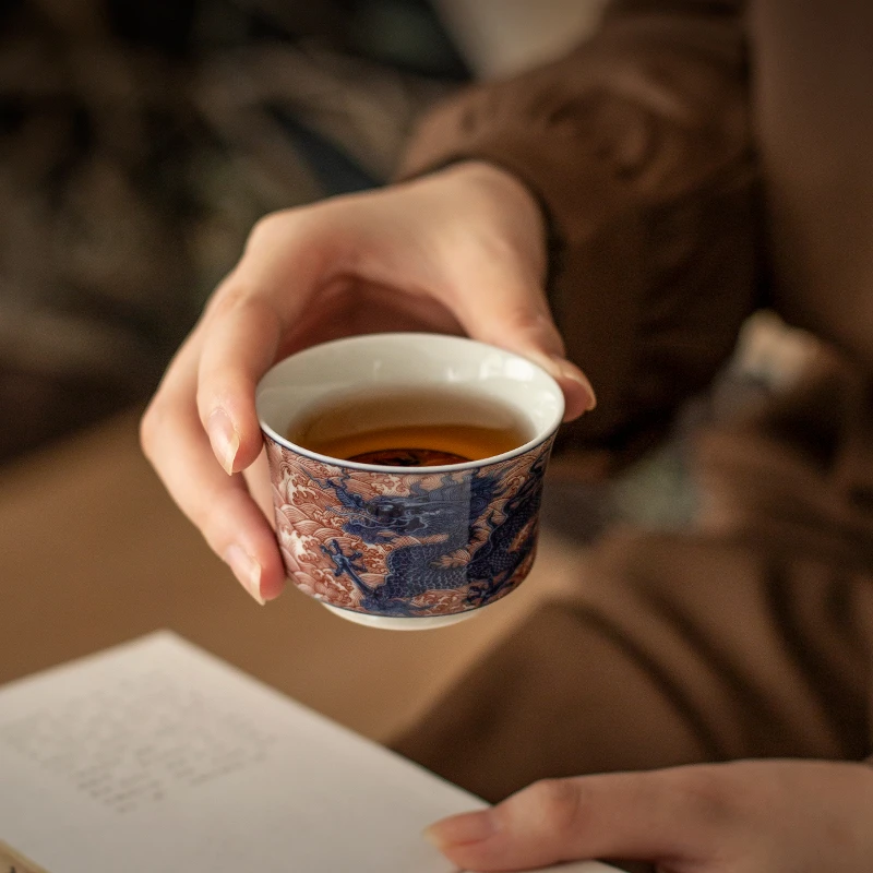 青花祥龙品茗杯复古家用主人杯茶具茶盏陶瓷反口杯功夫喝茶茶杯