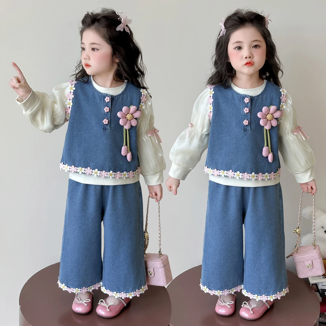 女童春秋时髦花边韩版牛仔套装中小童洋气新款女宝秋季衣服三件套