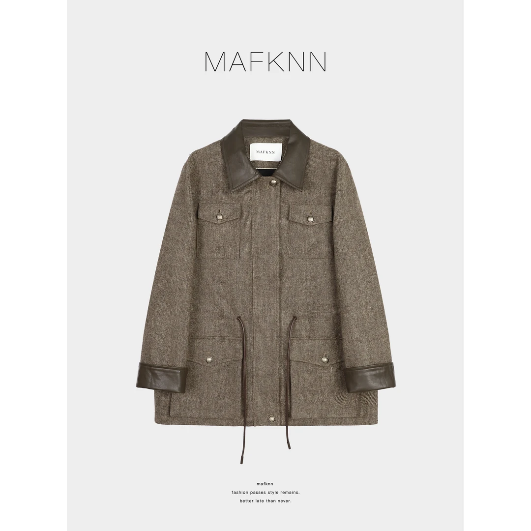 MAFKNN/玛肯时尚休闲简约纯色百搭皮领气质外套MK13126