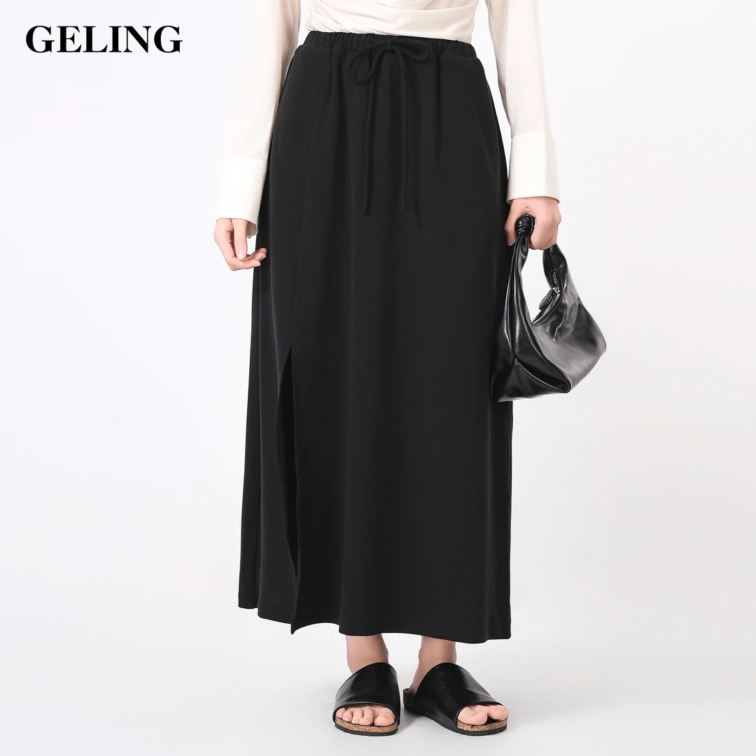 GELING/歌&玲显瘦高腰休闲百搭松紧腰抽绳针织中长半身裙G512X83B