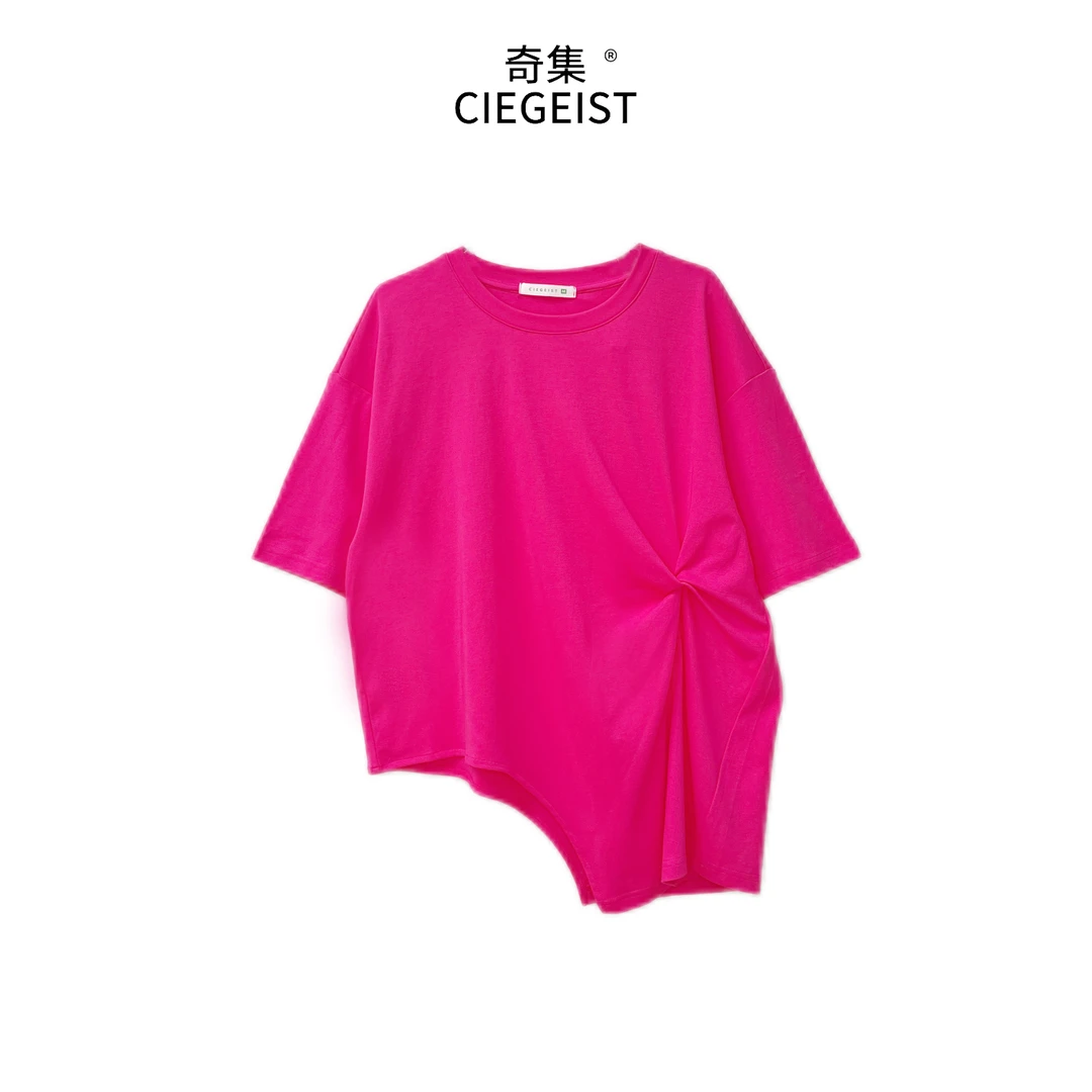 2025夏装设计师款宽松大版不规则斜下摆扎花收腰短袖T恤6040