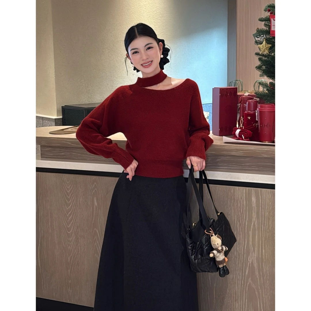 韩系复古慵懒挂脖斜领露肩软糯时尚厚款纯色气质毛衣W2-54