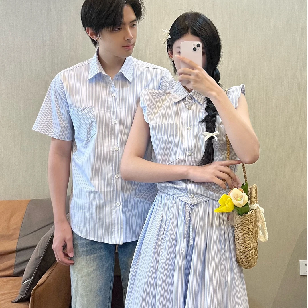 情侣装夏季小众设计感条纹衬衫休闲时尚女两件套男衬衫一裙一衣潮