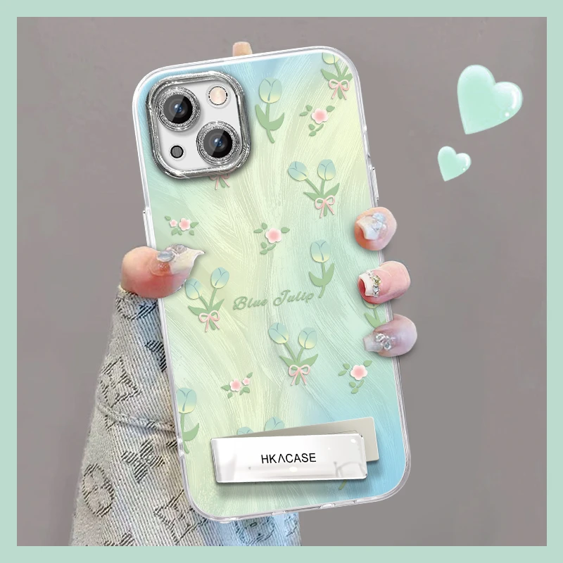 适用于苹果15精孔羽纱渐变郁金香网红个性创意支架全包手机壳女款