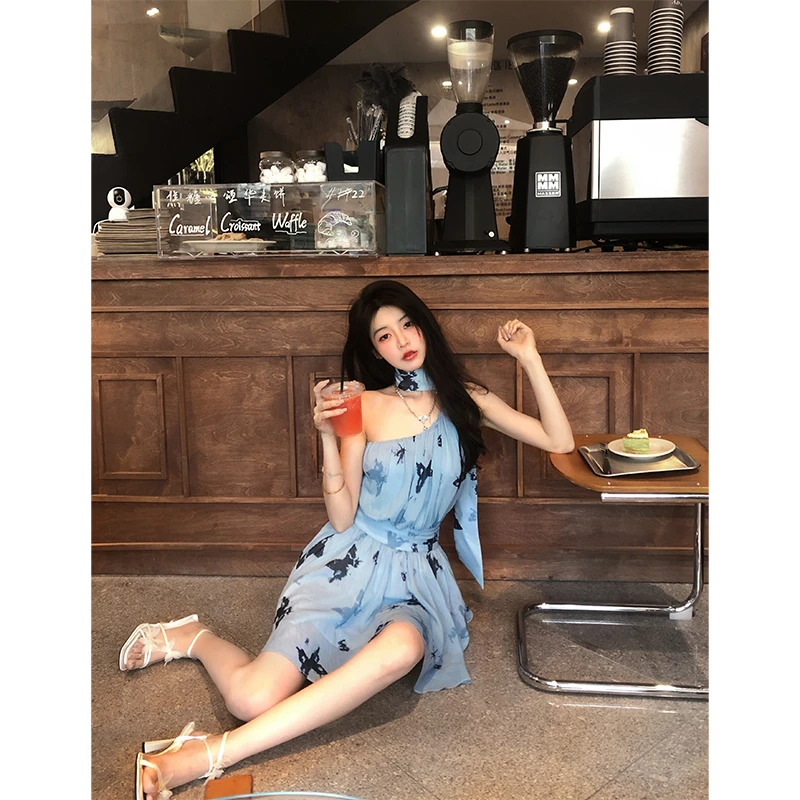 芭比姨【蓝色妖姬】蝴蝶挂脖连衣裙收腰甜美公主裙