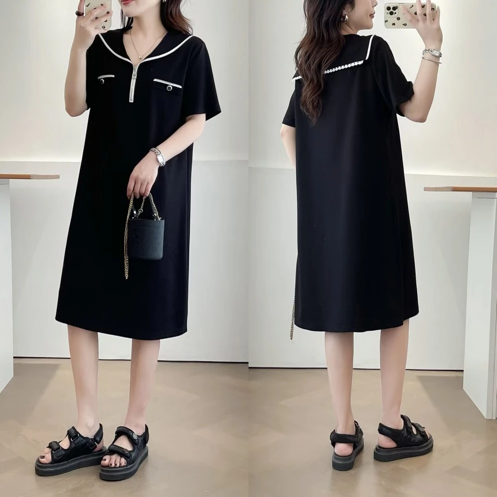梦冬佳--110-190斤大码女装夏季显瘦遮肚子连衣裙A字裙海军领中裙