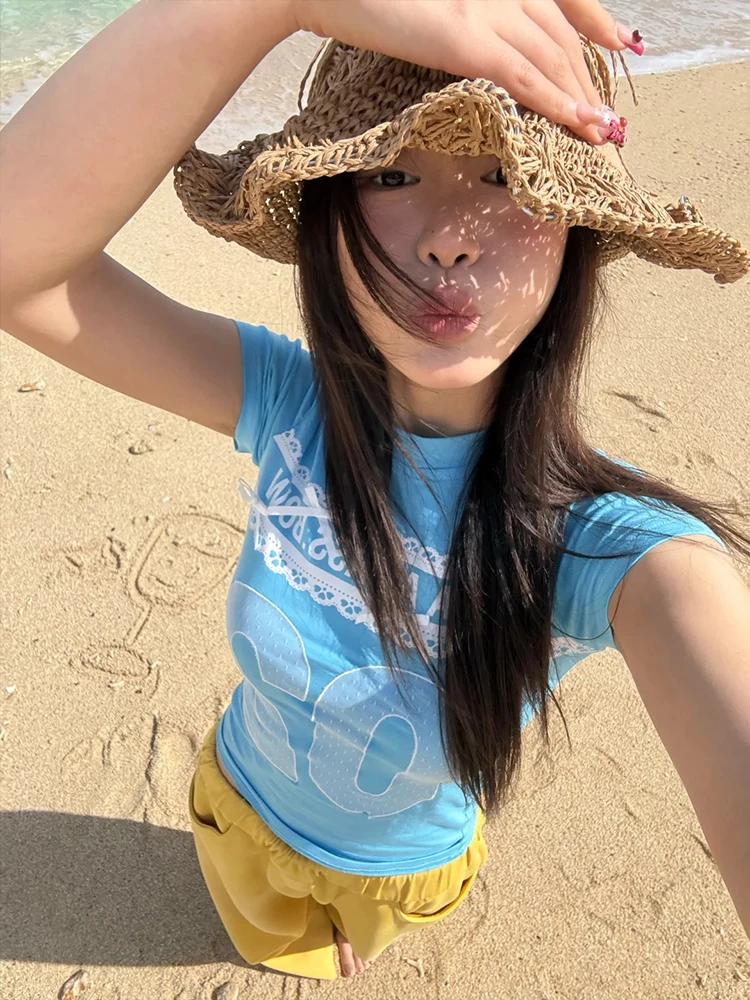 多巴胺穿搭蝴蝶结字母蓝色短袖t恤女夏季修身显瘦辣妹百搭上衣女