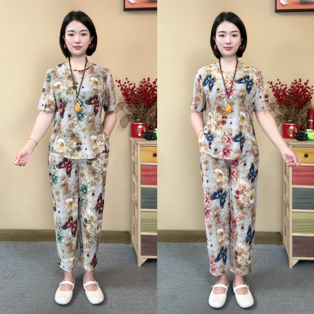 【套装】2025新款女装套装夏装宽松减龄上衣休闲裤子两件套